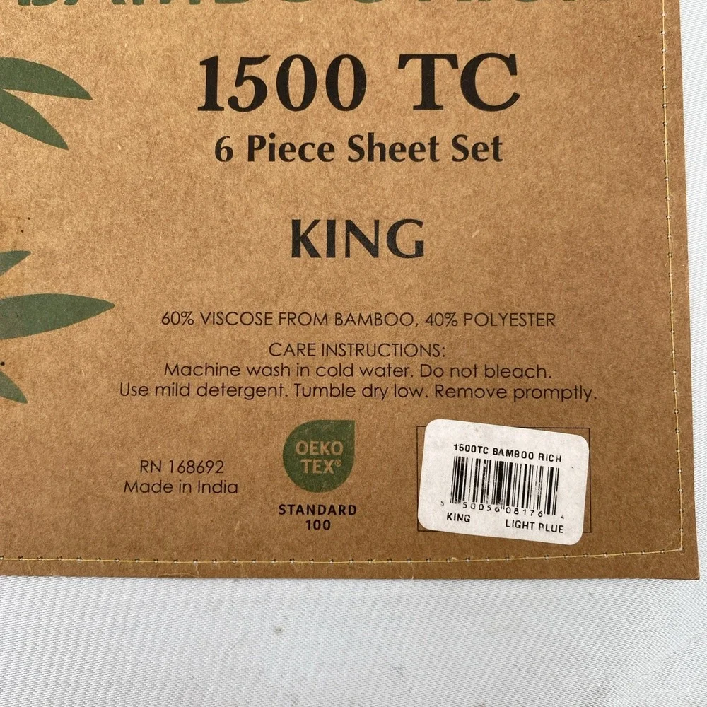 Bamboo Rich Sheet Set KING Light Blue 1500 Thread Count Silky Soft Sustainable